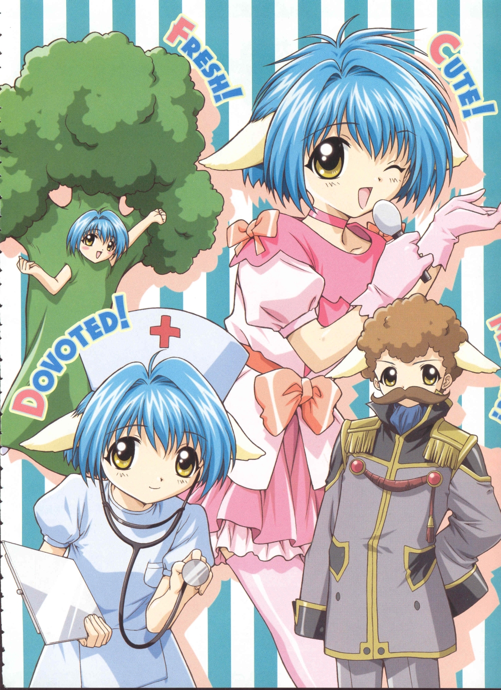mint blancmanche, galaxy angel, highres, 1girl, animal ears, blue hair, blush, blush stickers, broccoli, choker, cosplay, crossdressing, crossdressing (ftm), dress, english text, engrish text, epaulettes, fake facial hair, fake mustache, female focus, gloves, green eyes, hand on own hip, looking at viewer, microphone, nurse, one eye closed, open mouth, puffy sleeves, ranguage, short dress, short hair, smile, solo, stethoscope, thighhighs, wink, yellow eyes