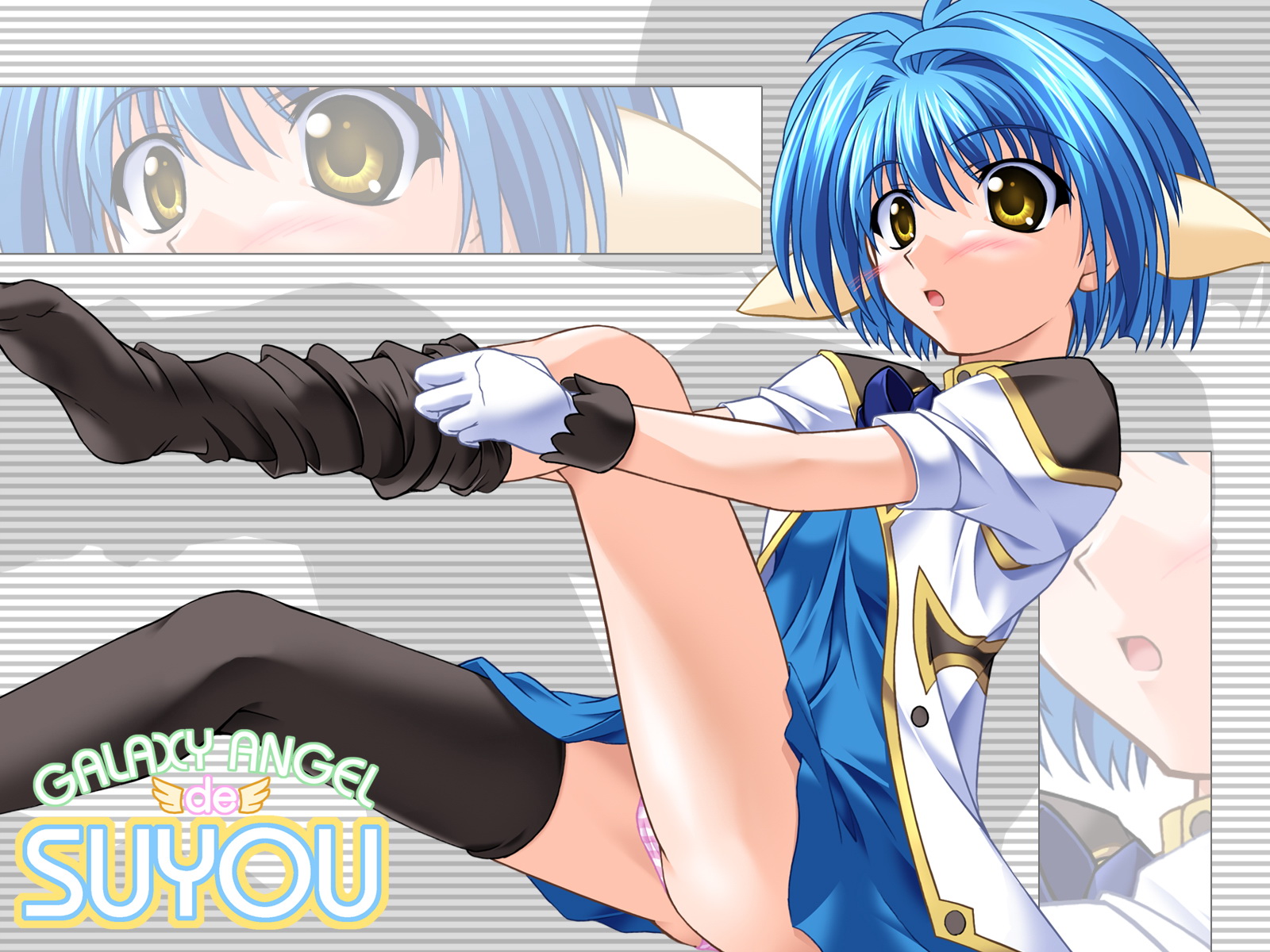chogenbo musasiya, mint blancmanche, galaxy angel, highres, 00s, 1girl, animal ears, blue hair, blush, copyright name, disembodied blush, dress, embarrassed, female focus, gloves, green eyes, panties, pantyshot, puffy sleeves, short dress, short hair, solo, striped clothes, striped panties, underwear, yellow eyes