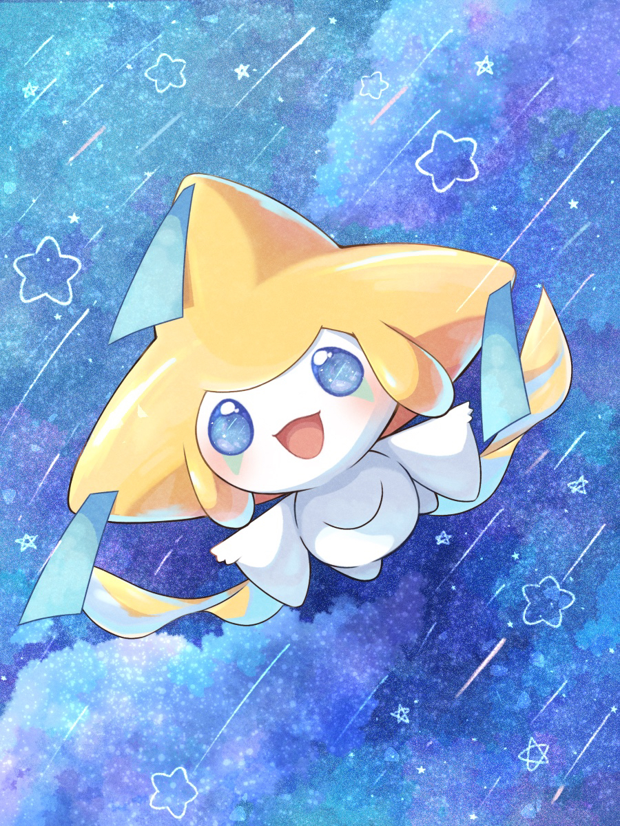 appyon (archangel ayp), jirachi, nintendo, pokemon, commentary request, highres, :d, blue background, blue eyes, gen 3 pokemon, legendary pokemon, looking at viewer, mythical pokemon, no humans, open mouth, pokemon (creature), pokemon focus, smile, solo, star (symbol)