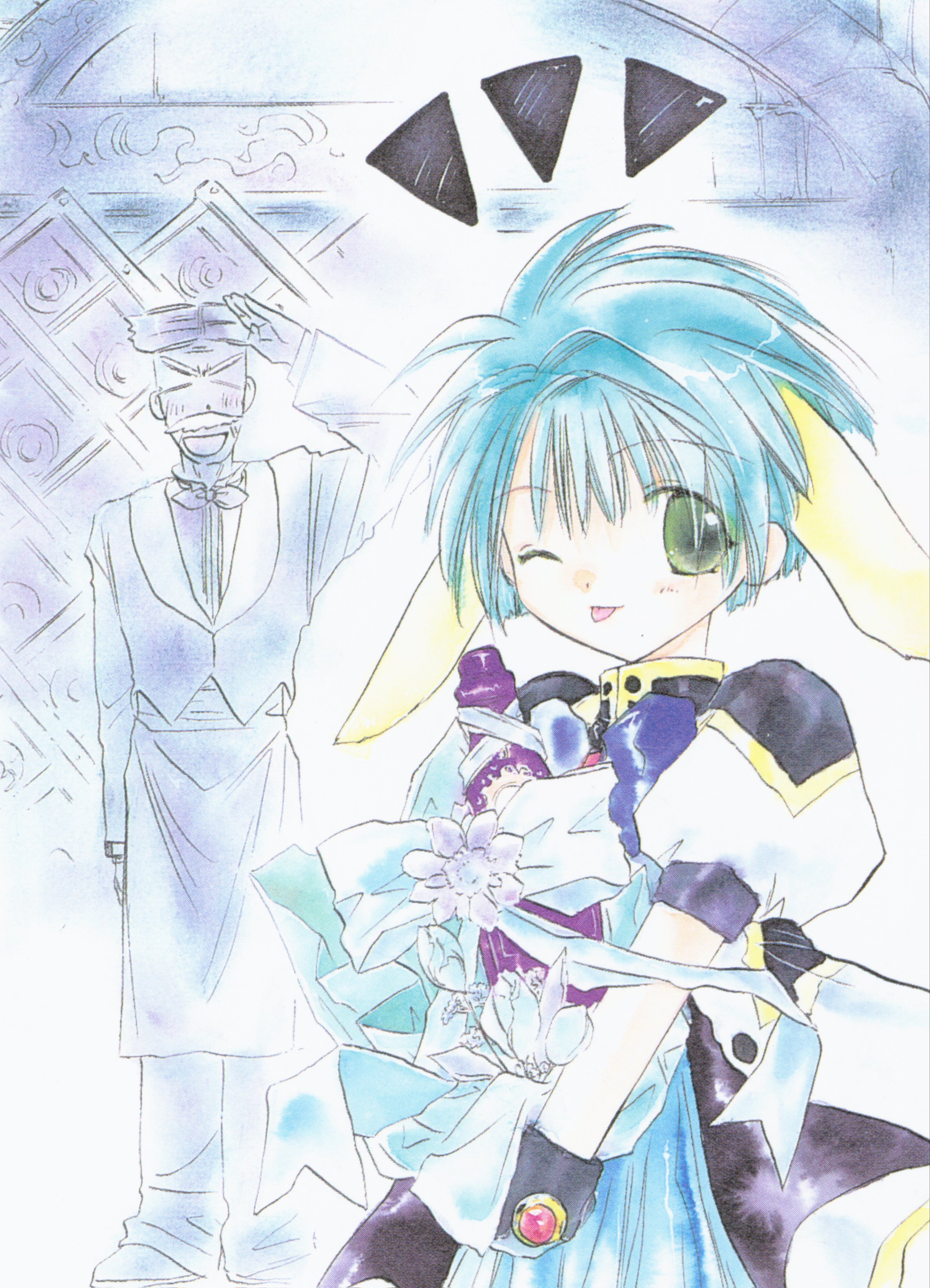 mint blancmanche, volcott o'huey, galaxy angel, absurdres, highres, tagme, 00s, 1boy, 1girl, ;p, animal ears, apron, blue hair, blush, character name, dress, facial hair, gloves, green eyes, looking at viewer, mustache, one eye closed, puffy sleeves, salute, short dress, short hair, tongue, tongue out, waist apron, waiter, wink