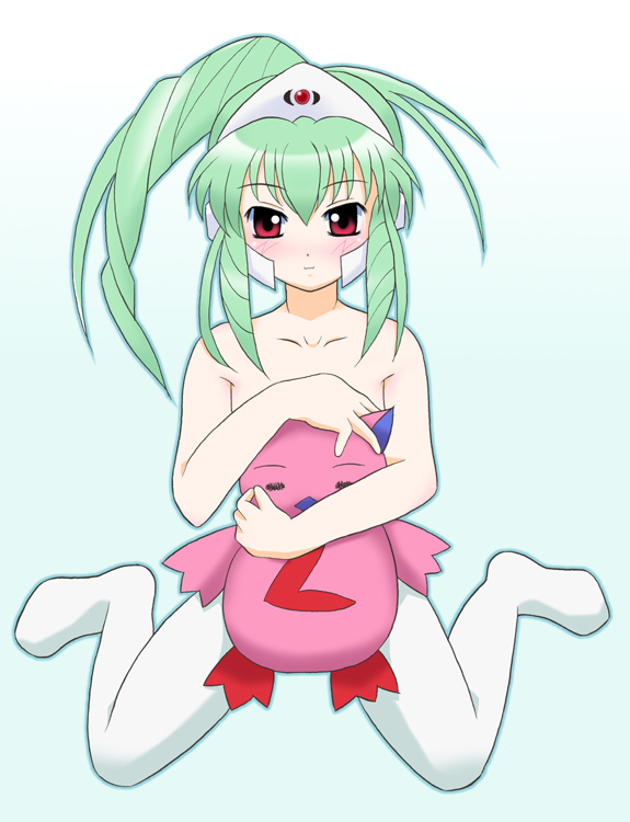 normad, vanilla h, broccoli (company), galaxy angel, tagme, 00s, 1girl, blush, female focus, gradient background, green hair, long hair, looking at viewer, red eyes, simple background, solo