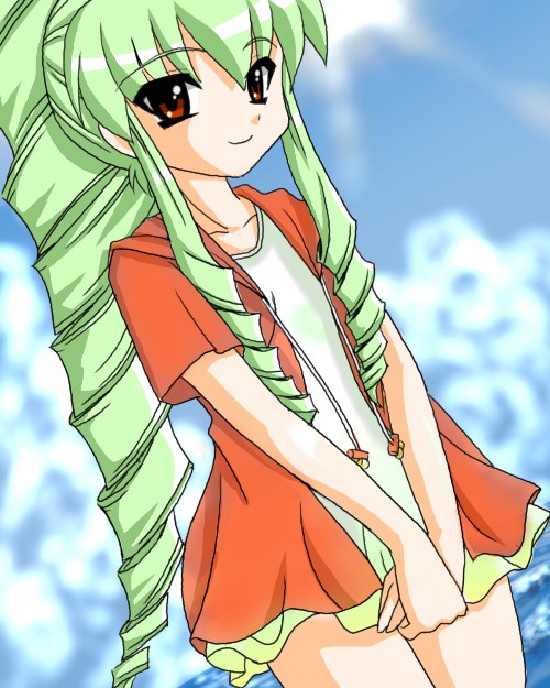 vanilla h, galaxy angel, non-web source, 00s, 1girl, drill hair, dutch angle, female focus, green hair, hood, hoodie, long hair, outdoors, ponytail, red eyes, sky, solo
