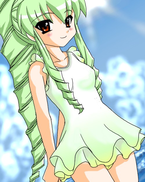 vanilla h, galaxy angel, 00s, 1girl, blush, breasts, cloud, dutch angle, female focus, green hair, high ponytail, long hair, looking at viewer, ocean, one-piece swimsuit, outdoors, ponytail, red eyes, sky, small breasts, smile, solo, swimsuit, wading