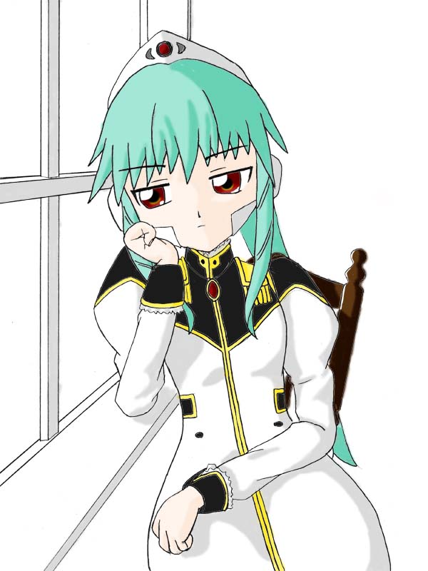 vanilla h, galaxy angel, tagme, 00s, 1girl, female focus, green hair, high ponytail, long hair, ponytail, red eyes, simple background, solo, white background