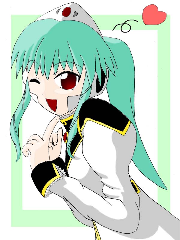 vanilla h, galaxy angel, tagme, 00s, 1girl, female focus, green hair, happy, heart, high ponytail, index finger raised, long hair, looking at viewer, one eye closed, open mouth, ponytail, red eyes, simple background, smile, solo, wink