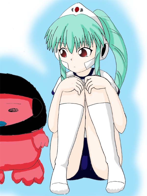 normad, vanilla h, galaxy angel, artist request, 00s, 1girl, blue background, blue buruma, buruma, creature, green hair, gym uniform, headgear, hugging own legs, long hair, looking to the side, no shoes, ponytail, red eyes, shirt, short sleeves, sitting, socks, white shirt, white socks
