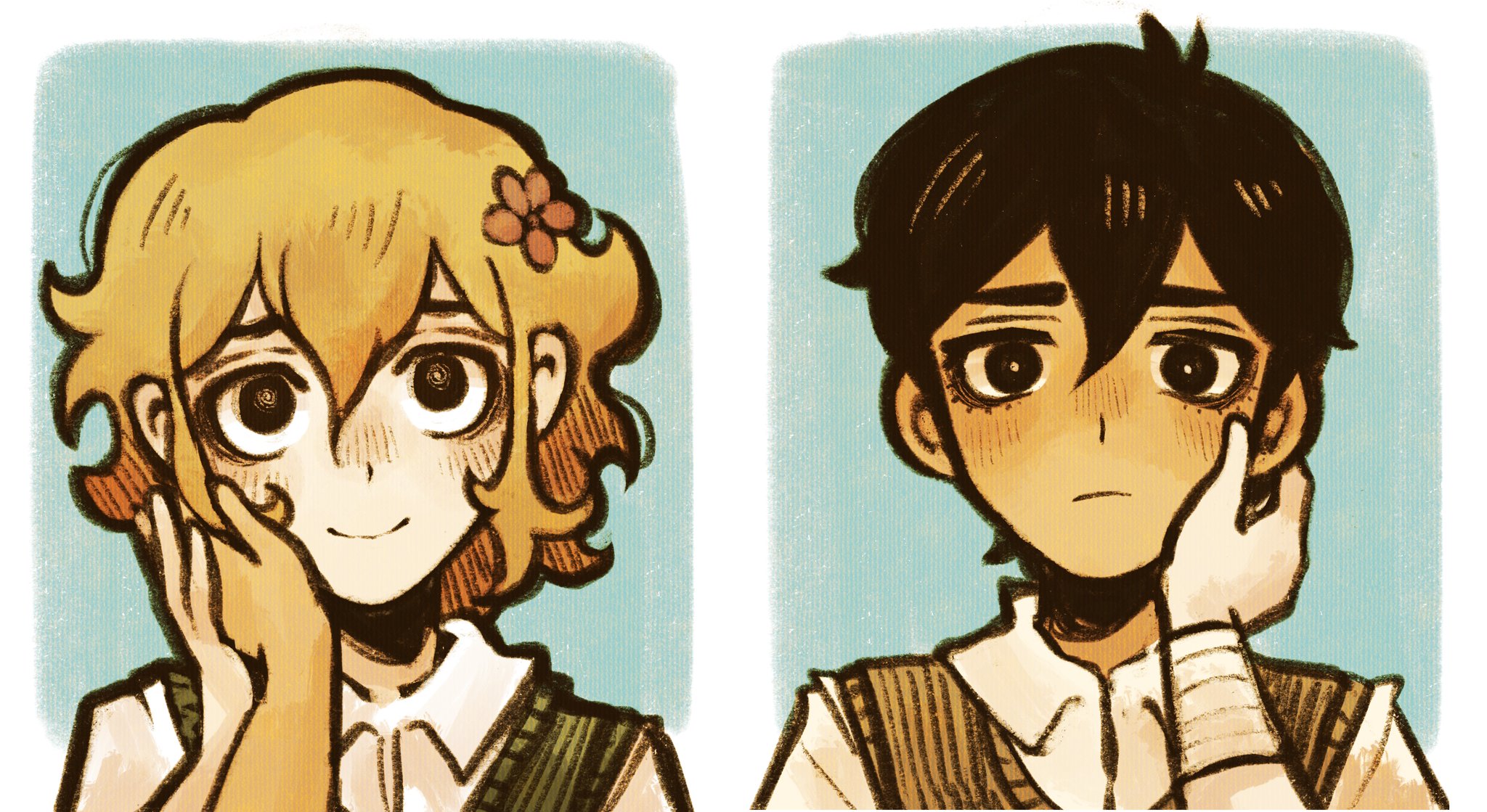 ottie pops, basil (faraway) (omori), basil (omori), sunny (omori), omori, highres, 2boys, alternate eye color, antenna hair, bandaged arm, bandages, black eyes, black hair, blonde hair, bright pupils, closed mouth, collared shirt, double-parted bangs, flower, green sweater vest, hair flower, hair ornament, hand grab, hand on another's cheek, hand on another's face, looking at another, male focus, multiple boys, shirt, short sleeves, smile, sweater vest, white pupils, white shirt