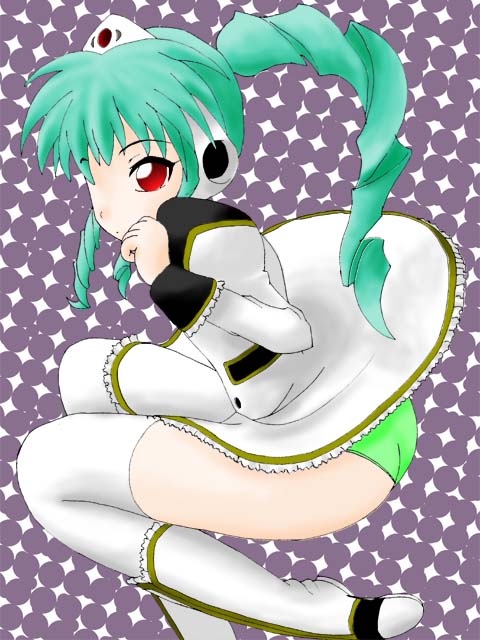 vanilla h, galaxy angel, 00s, 1girl, female focus, green hair, high ponytail, long hair, looking at viewer, panties, ponytail, red eyes, solo, thighhighs, underwear