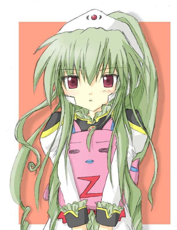 normad, vanilla h, broccoli (company), galaxy angel, tagme, 00s, 1girl, female focus, green hair, long hair, looking at viewer, red eyes, simple background, solo