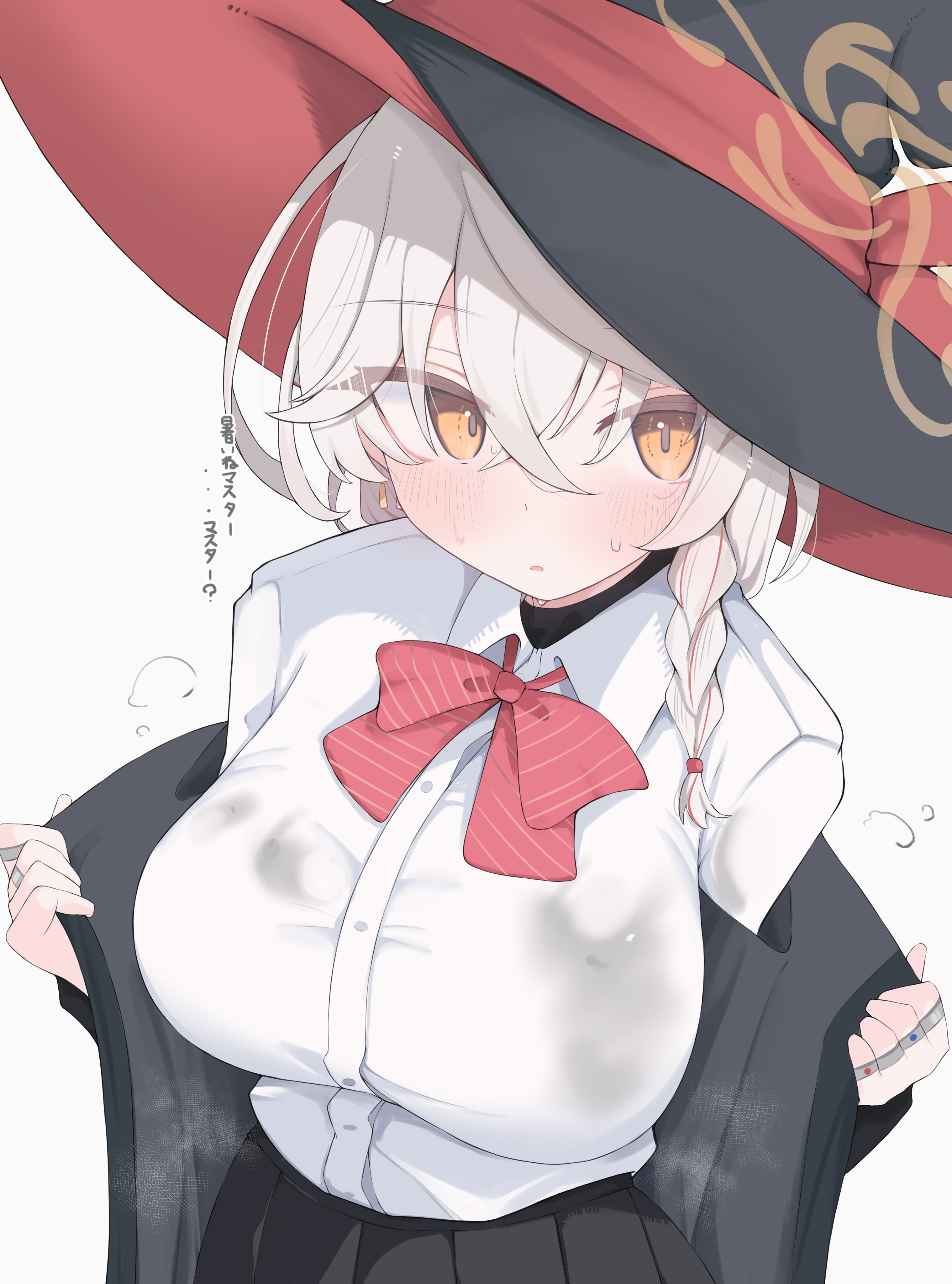 nui (nuinui0300), eri (blue archive), blue archive, absurdres, highres, variant set, 1girl, bow, braid, breasts, hat, huge breasts, shirt, skirt, solo, white shirt, witch hat