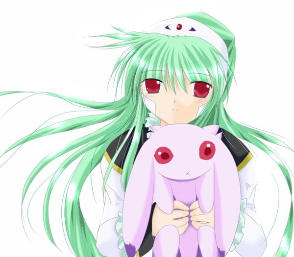 vanilla h, galaxy angel, tagme, 00s, 1girl, animal, female focus, green hair, long hair, looking at viewer, pet, red eyes, simple background, solo, white background