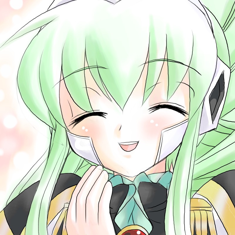 vanilla h, broccoli (company), galaxy angel, uniform, 00s, 1girl, closed eyes, female focus, green hair, headgear, laughing, ponytail, red eyes, robot ears, solo