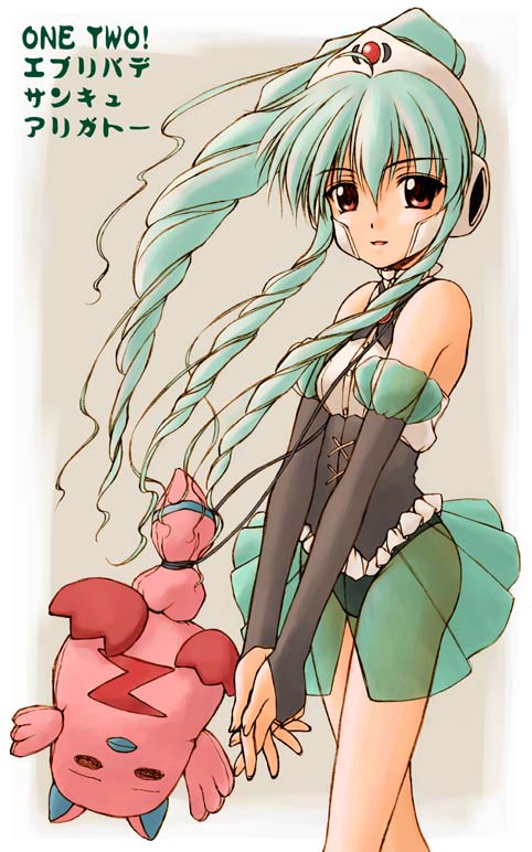 hirasaka makoto, normad, vanilla h, broccoli (company), galaxy angel, translated, 00s, 1girl, bare shoulders, detached sleeves, drill hair, female focus, flat chest, green hair, high ponytail, long hair, looking at viewer, ponytail, red eyes, see-through clothes, solo, tiara