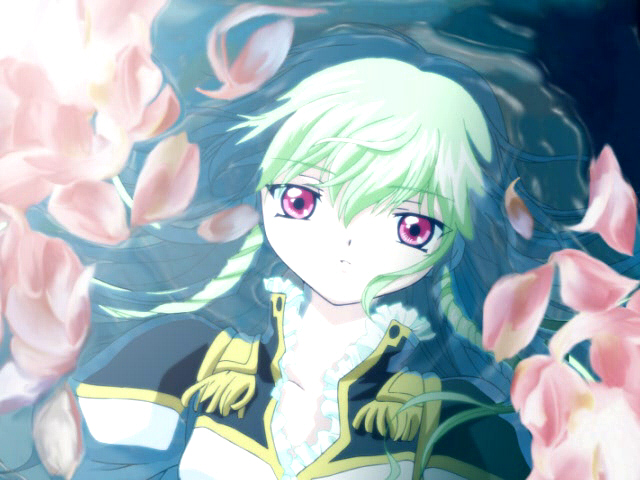 vanilla h, galaxy angel, tagme, 00s, 1girl, female focus, floating, green hair, in water, looking at viewer, petals, red eyes, solo