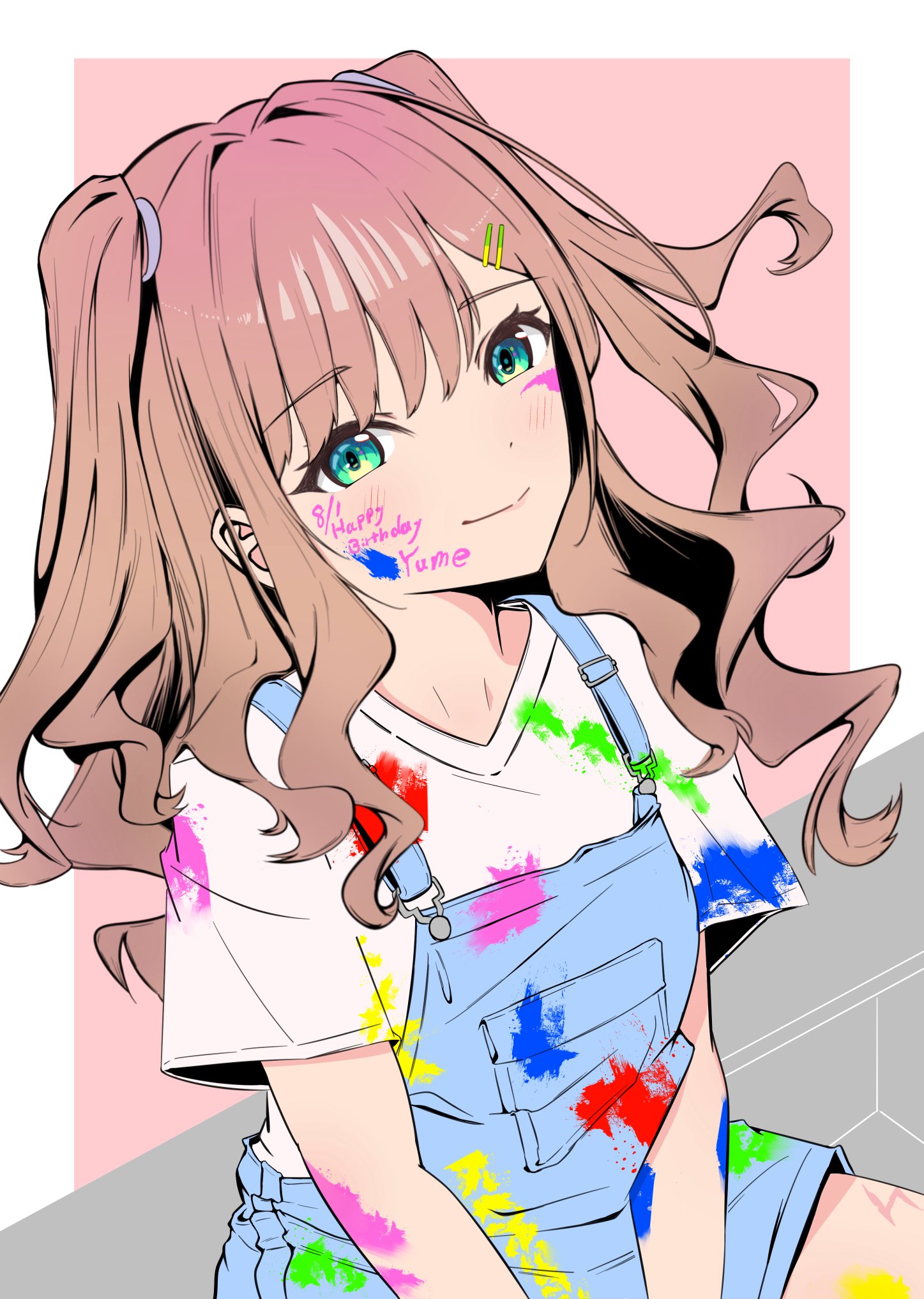 rickey, minami yume, gridman universe, gridman universe (movie), highres, 1girl, blush, breasts, brown hair, closed mouth, green eyes, hair ornament, long hair, official alternate costume, paint, paint on body, paint on clothes, paint splatter, paint splatter on face, scar, scar on leg, shirt, short sleeves, skirt, smile, solo, twintails