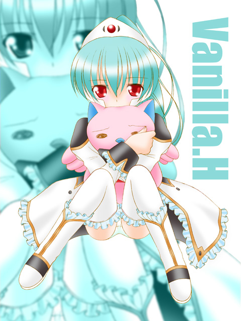 normad, vanilla h, broccoli (company), galaxy angel, 00s, 1girl, character name, female focus, green hair, looking at viewer, panties, pantyshot, red eyes, solo, thighhighs, underwear, zoom layer