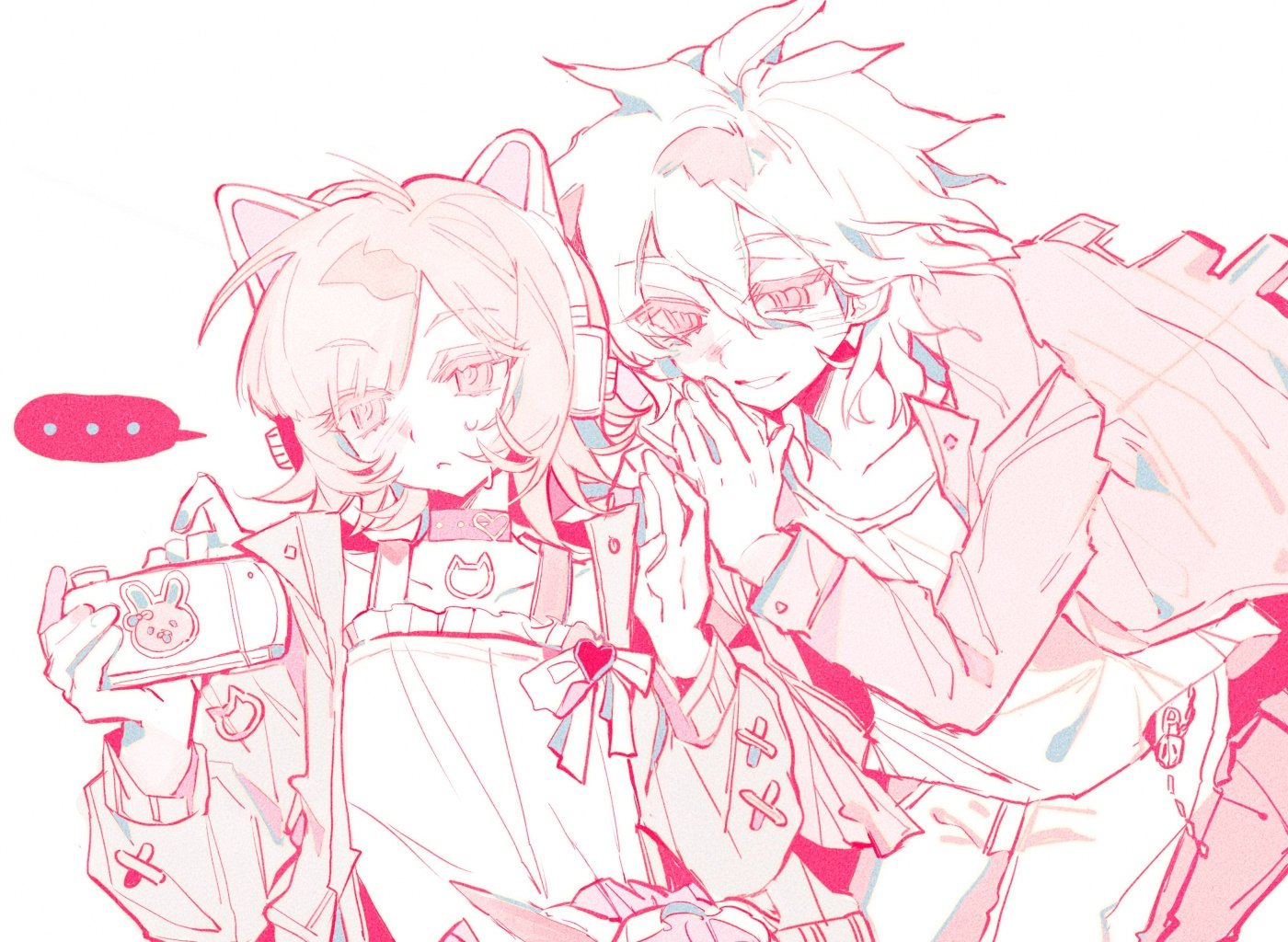 komaeda nagito, nanami chiaki, danganronpa (series), danganronpa 2: goodbye despair, …, 1boy, 1girl, animal ear headphones, animal ears, bow, cat ear headphones, collarbone, fake animal ears, hair between eyes, handheld game console, headphones, heart, holding, holding handheld game console, htt1988406, jacket, long sleeves, medium hair, open clothes, open jacket, pants, shirt, short hair, simple background, smile, speech bubble, sweat, white background