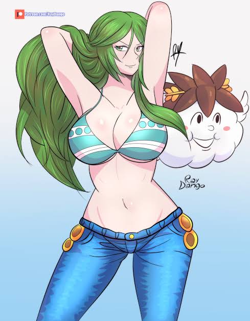 raydango, nami (one piece), palutena, pit (kid icarus), kid icarus, kid icarus uprising, nintendo, non-web source, 1girl, arms behind head, arms up, bikini, bikini top only, breasts, closed mouth, cosplay, crossover, denim, gradient background, green eyes, green hair, large breasts, nami (one piece) (cosplay), smile, standing, swimsuit