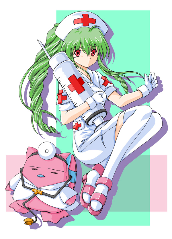 normad, vanilla h, broccoli (company), galaxy angel, 00s, 1girl, female focus, gloves, green hair, lab coat, looking at viewer, nurse, red eyes, simple background, solo, stethoscope, syringe, thighhighs, white background, white thighhighs, zettai ryouiki