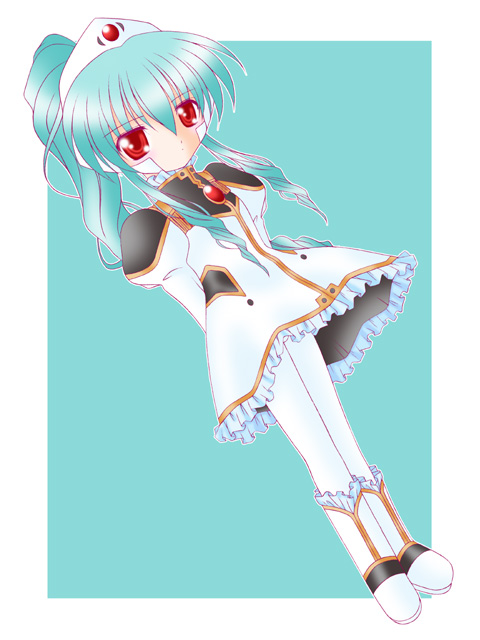 vanilla h, galaxy angel, 00s, 1girl, border, dutch angle, female focus, green hair, high ponytail, long hair, looking at viewer, pantyhose, ponytail, red eyes, simple background, solo, standing, white border, white pantyhose