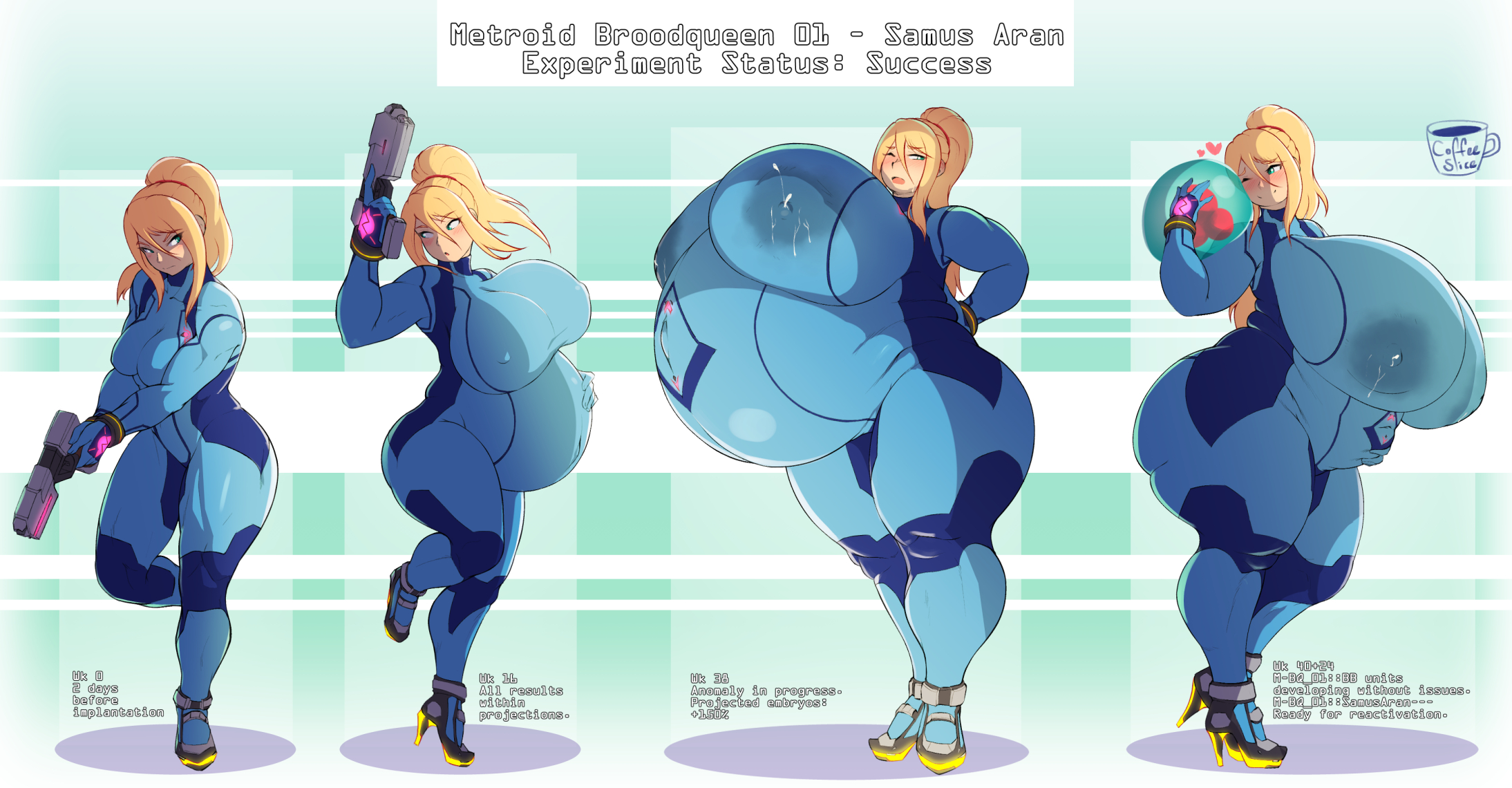 coffeeslice, metroid (creature), metroid, nintendo, highres, 1girl, alternate breast size (larger), aqua eyes, artist name, big belly, blonde hair, blue bodysuit, blush, bodysuit, breast expansion, breasts, covered erect nipples, covered navel, english text, fat, full body, gigantic breasts, high heels, huge nipples, lactation, lactation through clothes, long hair, nipples, one eye closed, outie navel, plump, ponytail, pregnancy progression, pregnant, solo, thick thighs, thighs, zero suit