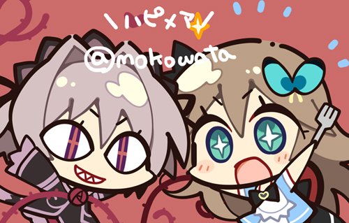 komowata haruka, naitou maia, toriumi arisu, hapymaher, commentary request, lowres, <|> <|>, + +, 2girls, :d, apron, aqua eyes, black dress, black hairband, blue dress, blush stickers, brown hair, butterfly hair ornament, chibi, chibi only, copyright name, cowboy shot, dress, dress flower, flower, fork, gothic lolita, grey hair, grin, hair between eyes, hair intakes, hair ornament, hairband, hand up, holding, holding fork, lolita fashion, long hair, long sleeves, medium hair, multiple girls, notice lines, open mouth, pink background, red eyes, red flower, red rose, rose, short sleeves, simple background, smile, twitter username, v-shaped eyebrows, very long hair, white apron, wide sleeves
