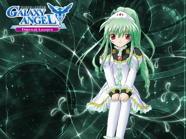 vanilla h, galaxy angel, tagme, 00s, 1girl, character name, copyright name, female focus, green hair, high ponytail, long hair, looking at viewer, ponytail, red eyes, smile, solo
