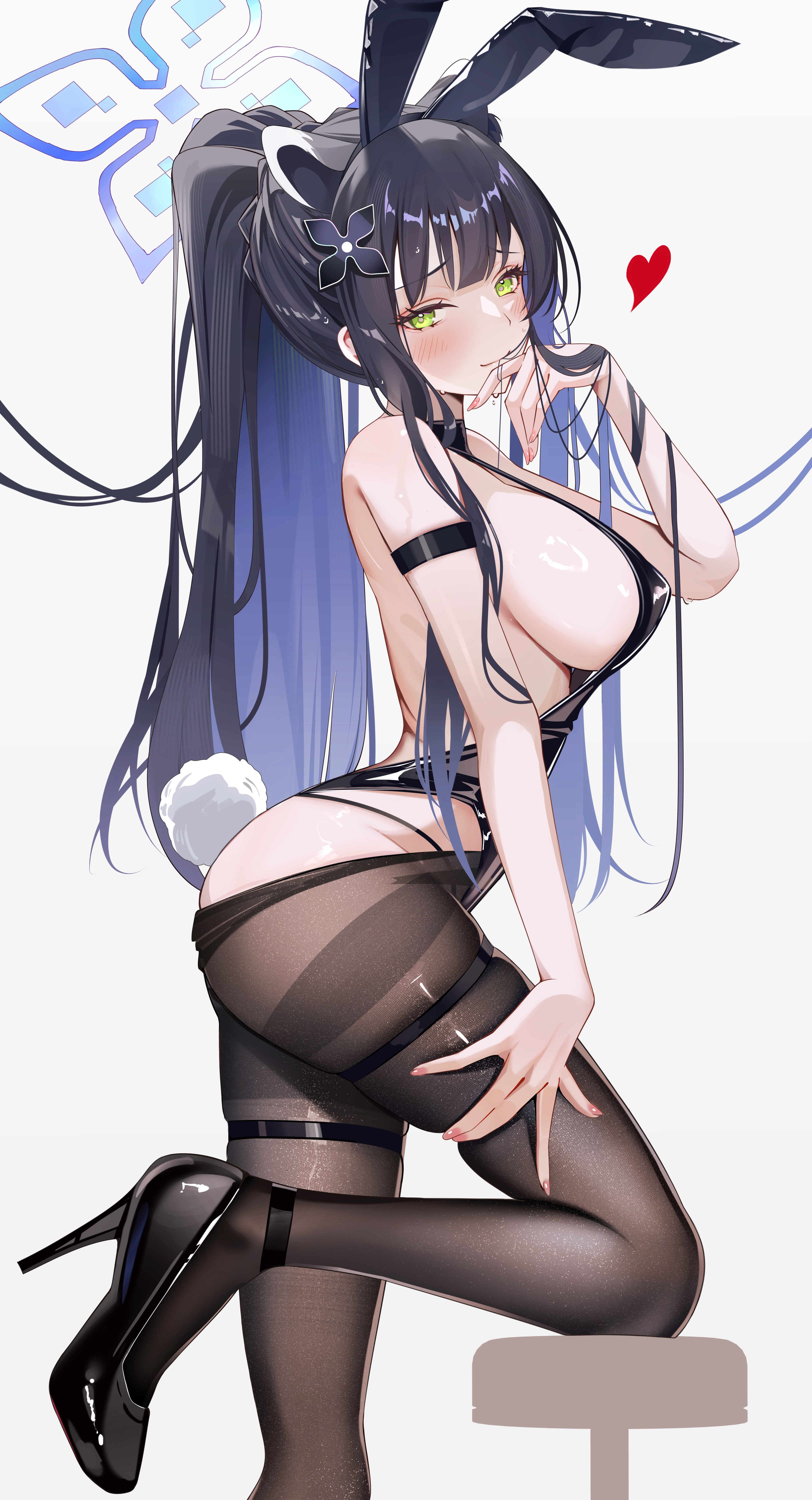 sikimosh, shun (blue archive), blue archive, absurdres, highres, 1girl, alternate costume, animal ear hairband, animal ears, ass, black hair, black pantyhose, black shoes, blue hair, blue halo, blush, breasts, closed mouth, clothes pull, colored inner hair, extra ears, fake animal ears, fake tail, from side, green eyes, hairband, halo, high heels, large breasts, leotard, lion ears, lion girl, long hair, looking at viewer, multicolored hair, nontraditional playboy bunny, pantyhose, pantyhose pull, playboy bunny, ponytail, rabbit ear hairband, rabbit ears, rabbit tail, shoes, sideboob, simple background, skindentation, smile, solo, tail, thighs, white background