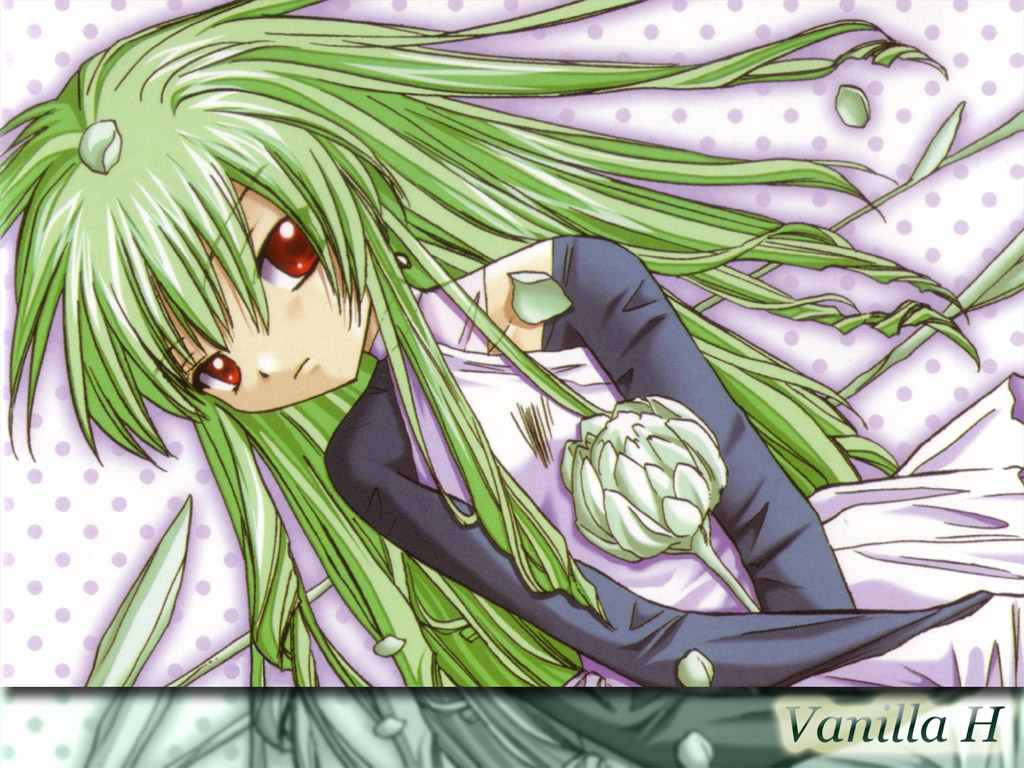 vanilla h, broccoli (company), galaxy angel, 00s, 1girl, female focus, green hair, red eyes, solo