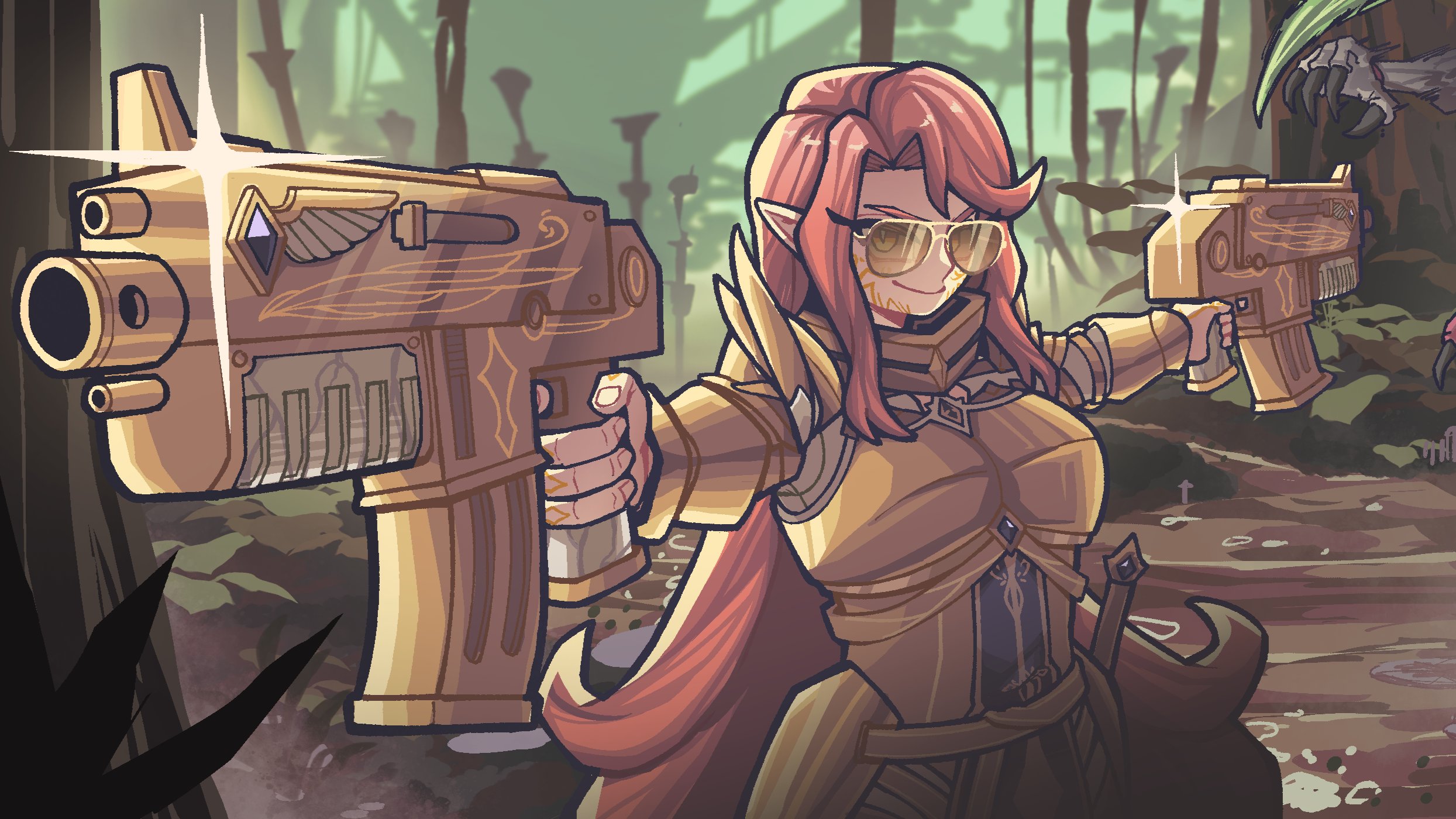 jaeflare, adeptus custodes, tyranid, indie virtual youtuber, warhammer 40k, highres, second-party source, 1girl, armor, aurelia tempris, bolter, claws, closed mouth, dual wielding, facial mark, forest, gleam, gold armor, holding, long hair, nature, orange hair, pointy ears, smile, sunglasses, virtual youtuber, weapon, yellow eyes