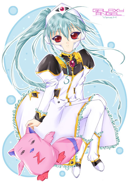 normad, vanilla h, broccoli (company), galaxy angel, tagme, 00s, 1girl, character name, copyright name, female focus, green hair, looking at viewer, red eyes, simple background, solo, white background