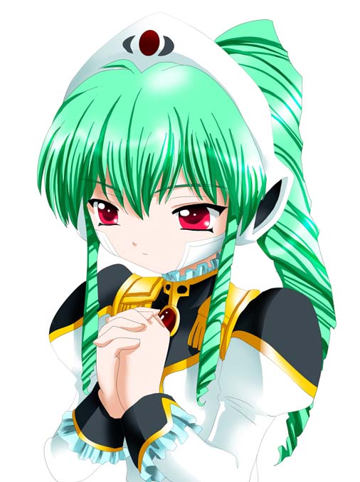 vanilla h, galaxy angel, tagme, 00s, 1girl, female focus, green hair, high ponytail, long hair, ponytail, red eyes, simple background, solo, white background
