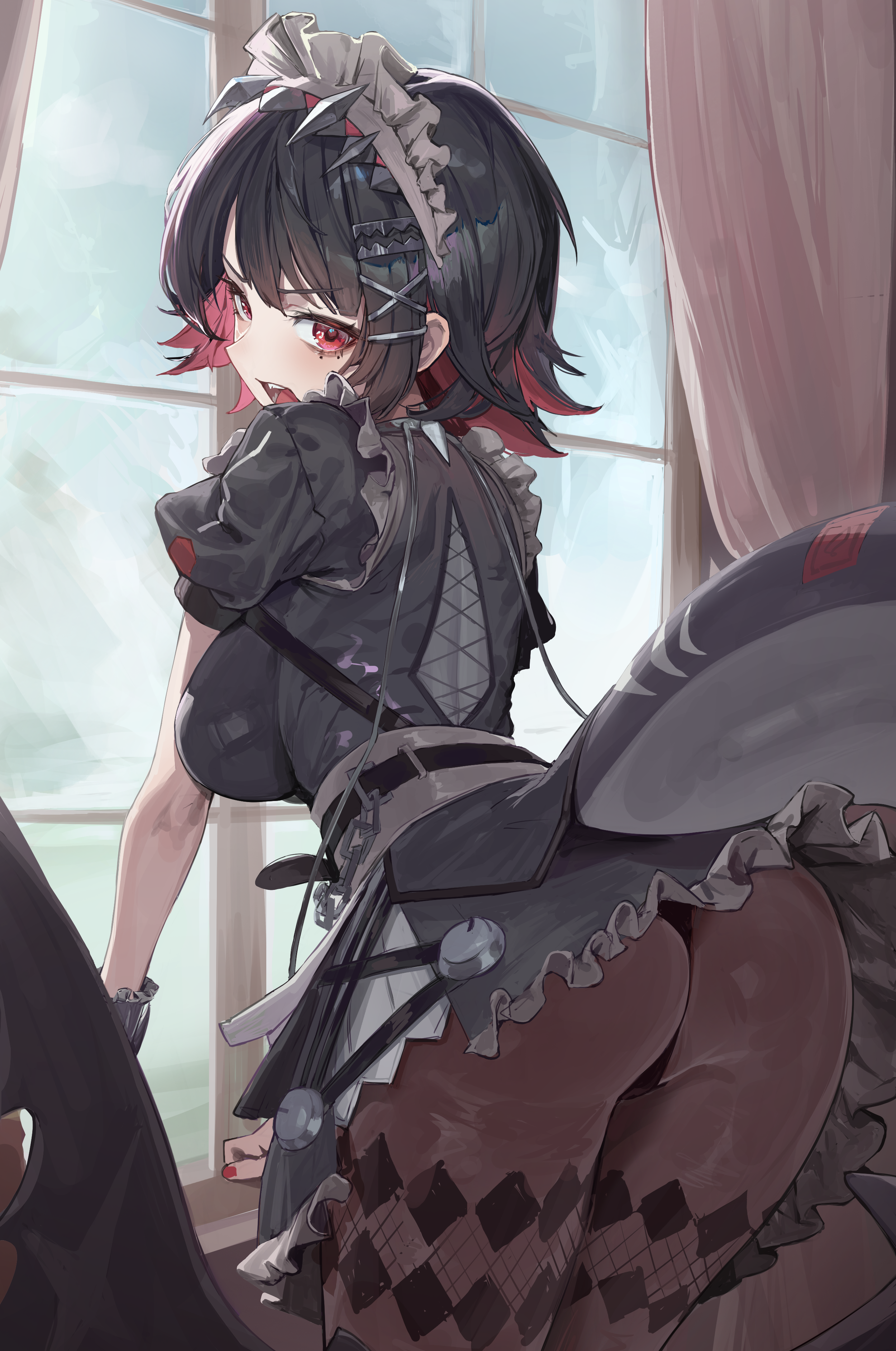 apopo, ellen joe, zenless zone zero, absurdres, highres, 1girl, ass, black dress, black hair, black panties, black pantyhose, breasts, curtains, dress, fins, fish tail, from behind, indoors, large breasts, looking at viewer, maid, maid headdress, multicolored hair, open mouth, panties, pantyhose, red eyes, red hair, shark girl, shark tail, short hair, solo, tail, two-tone hair, underwear
