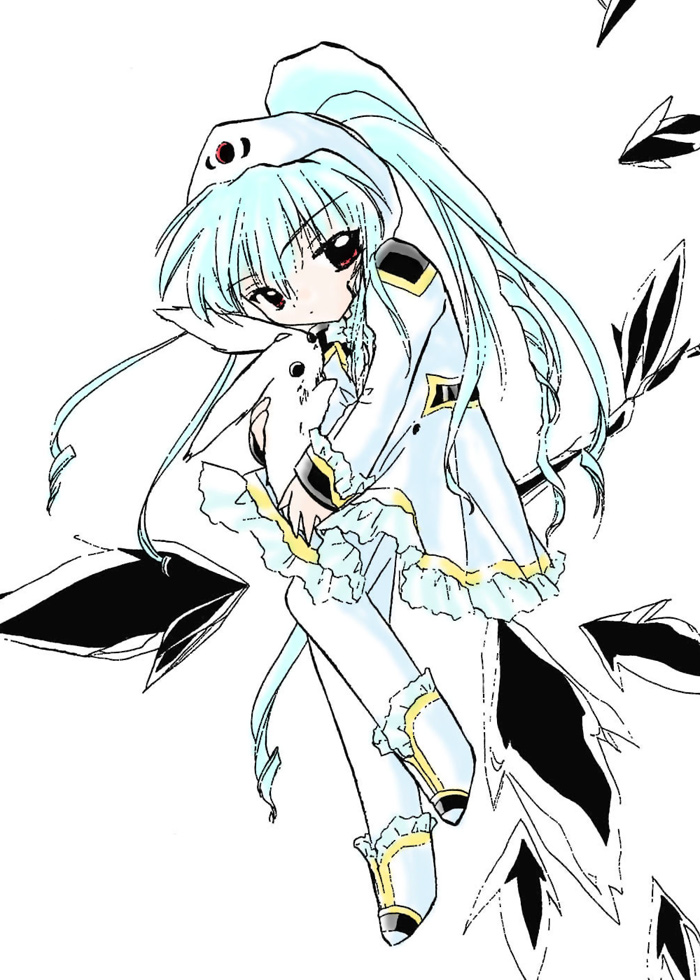vanilla h, galaxy angel, tagme, 00s, 1girl, animal, female focus, green hair, high ponytail, long hair, looking at viewer, pet, ponytail, red eyes, simple background, solo, white background