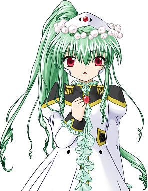 vanilla h, galaxy angel, lowres, tagme, 00s, 1girl, female focus, green hair, high ponytail, long hair, looking at viewer, ponytail, red eyes, simple background, solo, white background