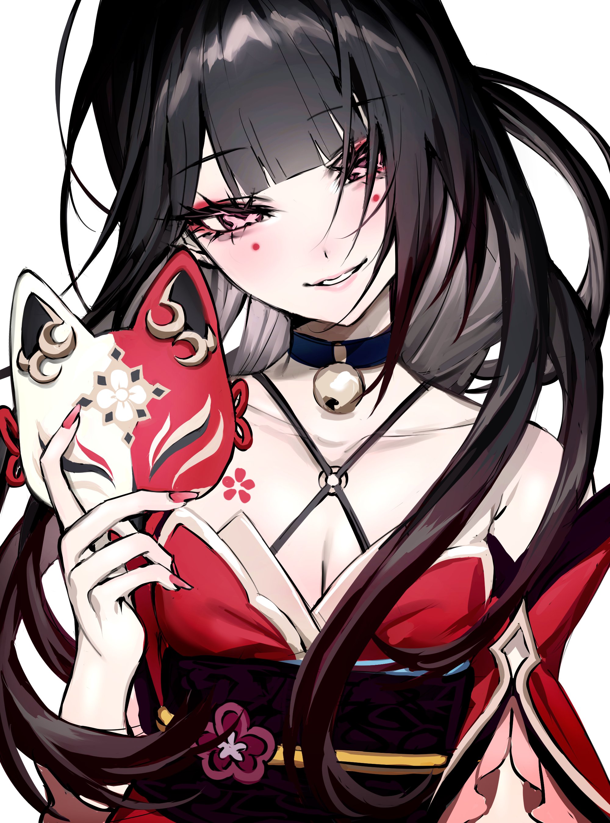 li nauu, sparkle (honkai: star rail), honkai: star rail, honkai (series), absurdres, commentary, highres, 1girl, armpit crease, bare shoulders, bell, black choker, black hair, black sash, breasts, butterfly-shaped pupils, choker, circle facial mark, cleavage, collarbone, criss-cross halter, dress, flower tattoo, half-closed eyes, halterneck, holding, holding mask, long hair, looking at viewer, mark under both eyes, mask, neck bell, o-ring, parted lips, pink eyes, red dress, red nails, red sleeves, sash, simple background, smile, solo, symbol-shaped pupils, tattoo, twintails, very long hair, white background