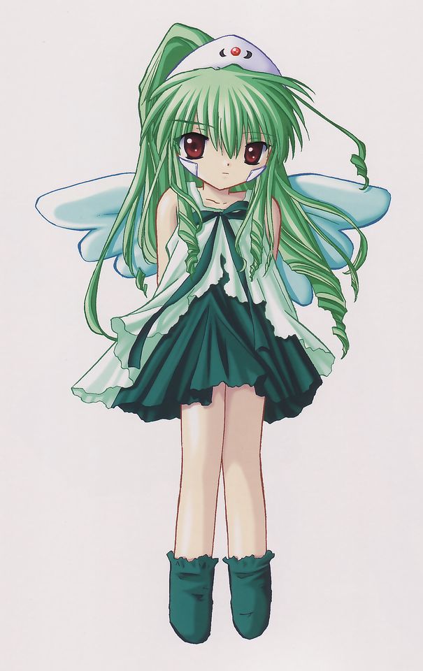 vanilla h, galaxy angel, 00s, 1girl, alternate costume, dress, female focus, green hair, high ponytail, long hair, looking at viewer, ponytail, red eyes, simple background, solo, white background, wings