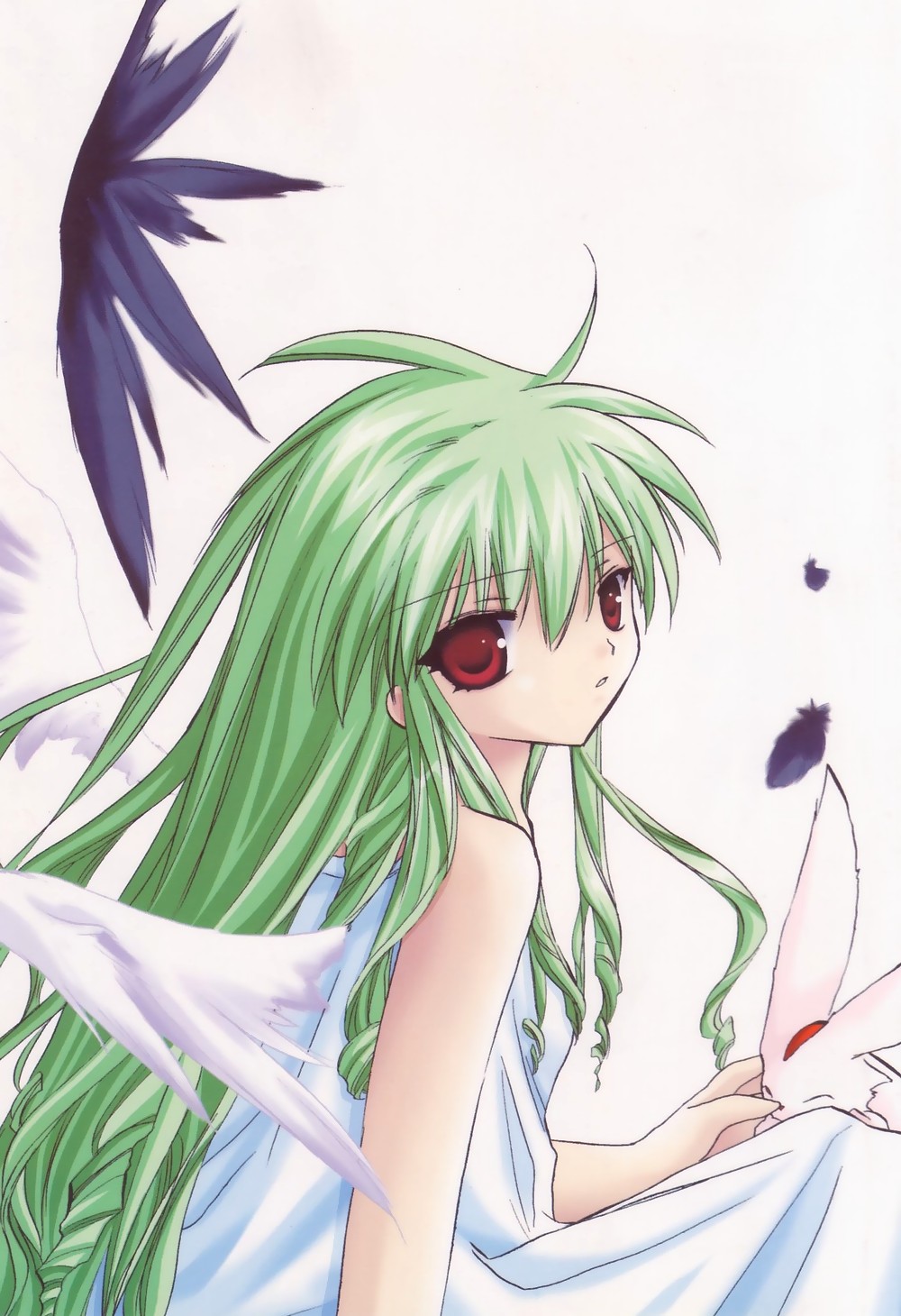vanilla h, galaxy angel, highres, tagme, 00s, 1girl, animal, female focus, green hair, long hair, looking at viewer, pet, red eyes, simple background, solo, white background, wings