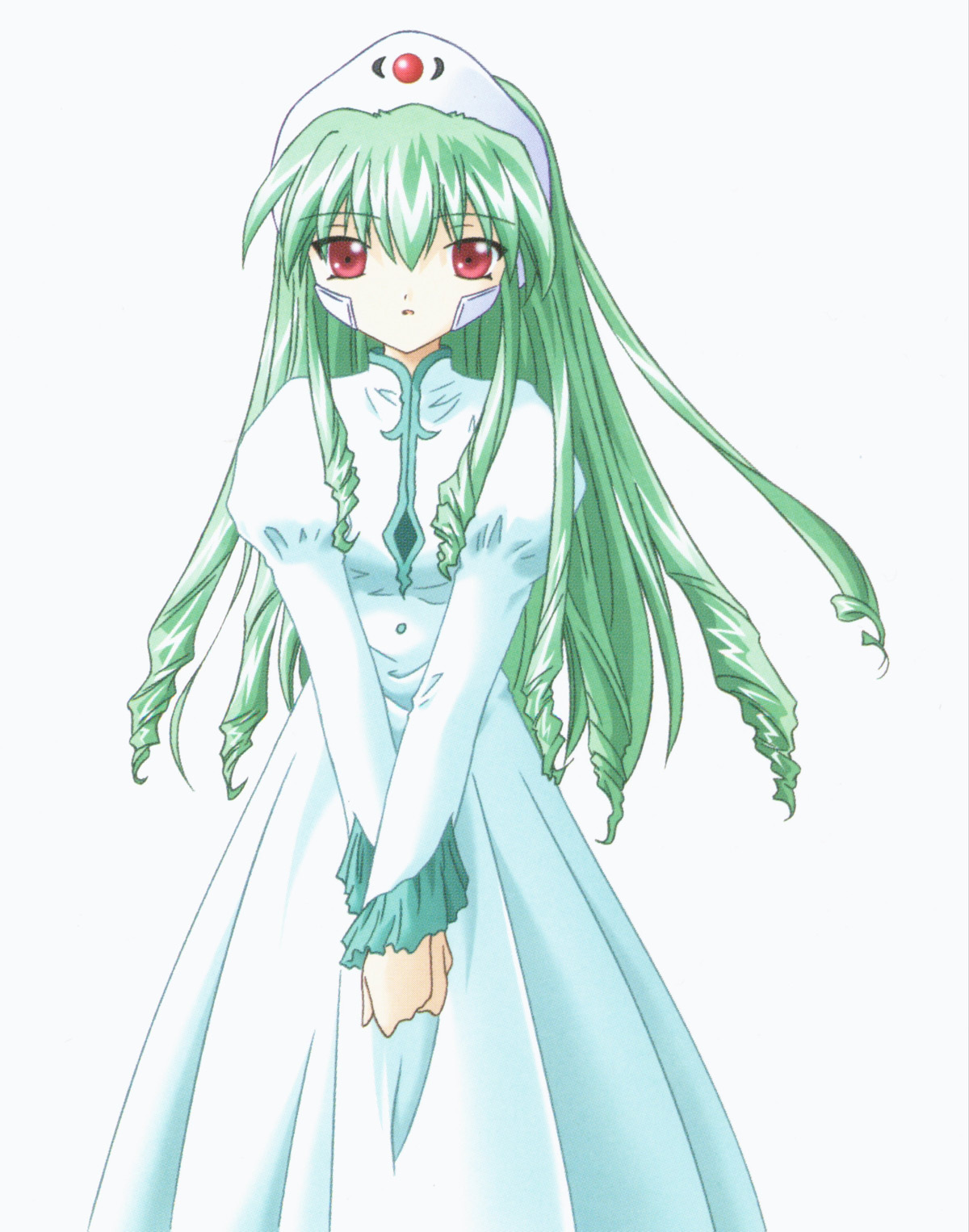 vanilla h, galaxy angel, highres, tagme, 00s, 1girl, female focus, green hair, long hair, looking at viewer, red eyes, simple background, solo, v arms, white background