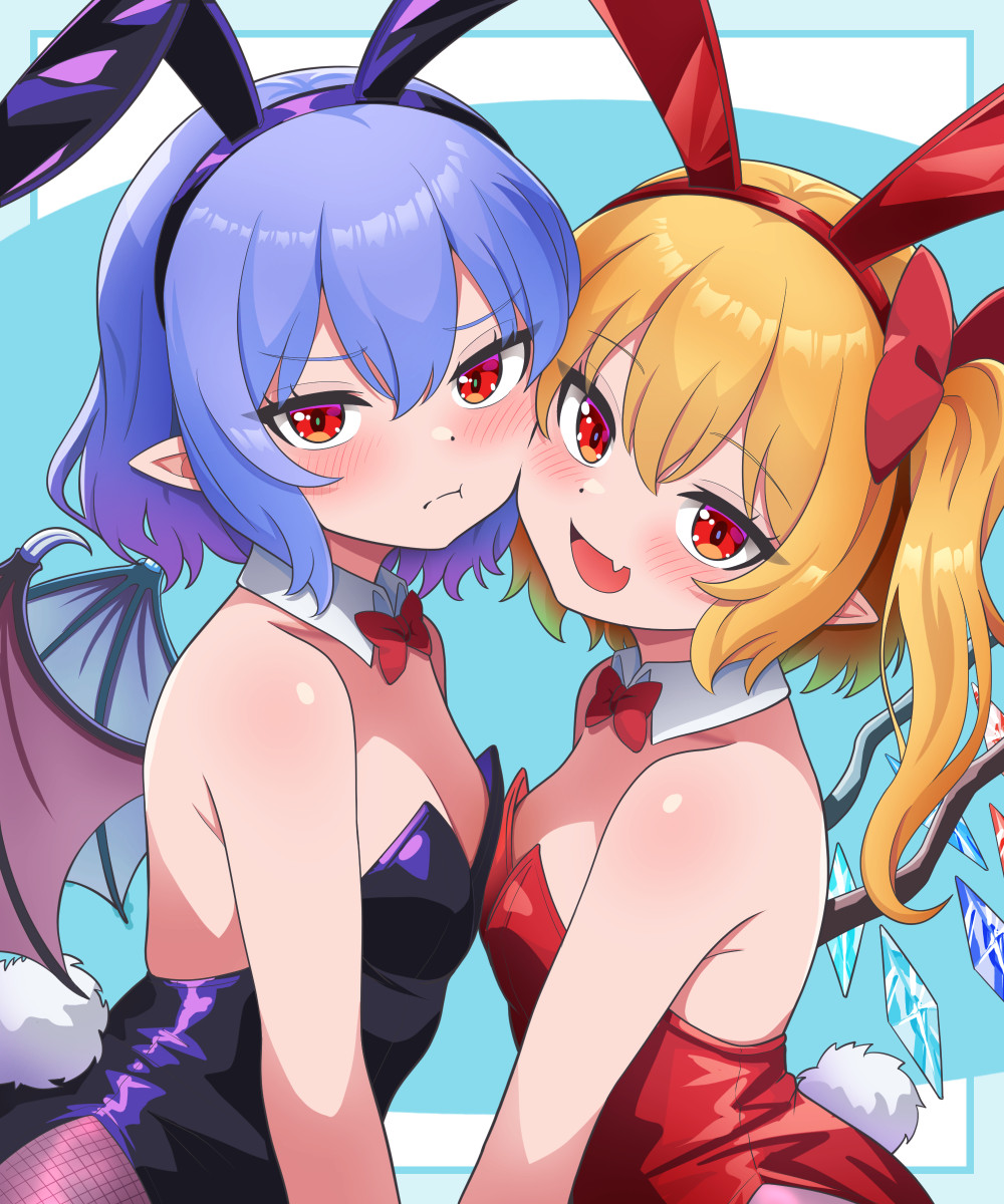 kisaragi koushi, flandre scarlet, remilia scarlet, touhou, highres, 2girls, :d, :t, alternate costume, animal ear hairband, animal ears, bat wings, blonde hair, blue background, blue hair, blush, bow, bowtie, breasts, cheek press, detached collar, fake animal ears, fang, fishnet pantyhose, fishnets, hair bow, hairband, leotard, looking at viewer, multiple girls, one side up, open mouth, pantyhose, petite, playboy bunny, pointy ears, purple leotard, rabbit ear hairband, rabbit ears, red bow, red bowtie, red eyes, red hairband, red leotard, short hair, siblings, sisters, skin fang, small breasts, smile, upper body, wings