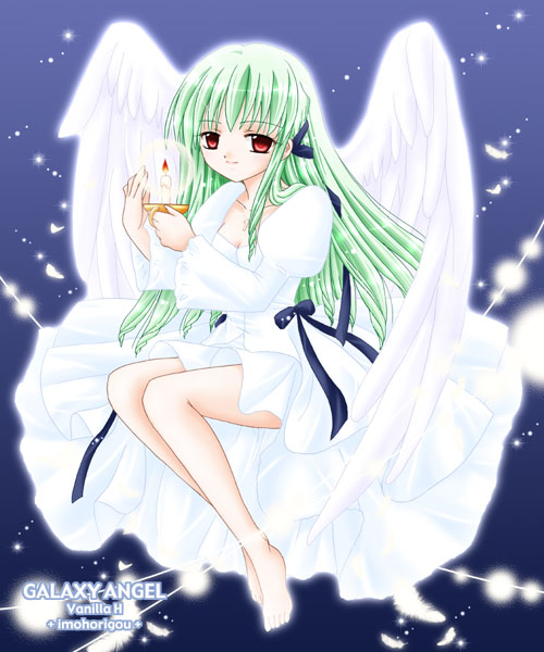 yufuji saeka, vanilla h, galaxy angel, tagme, 00s, 1girl, angel wings, artist name, barefoot, candlestand, character name, copyright name, feathers, female focus, gradient background, green hair, long hair, looking at viewer, puffy sleeves, red eyes, simple background, smile, solo, wings