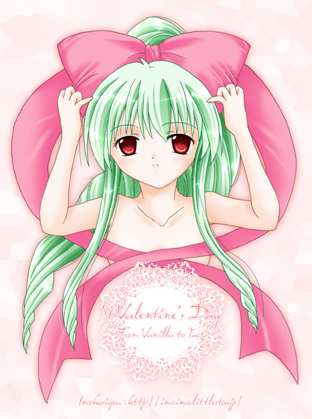yufuji saeka, vanilla h, galaxy angel, tagme, 00s, 1girl, artist name, female focus, green hair, high ponytail, long hair, looking at viewer, ponytail, red eyes, solo, valentine, watermark, web address