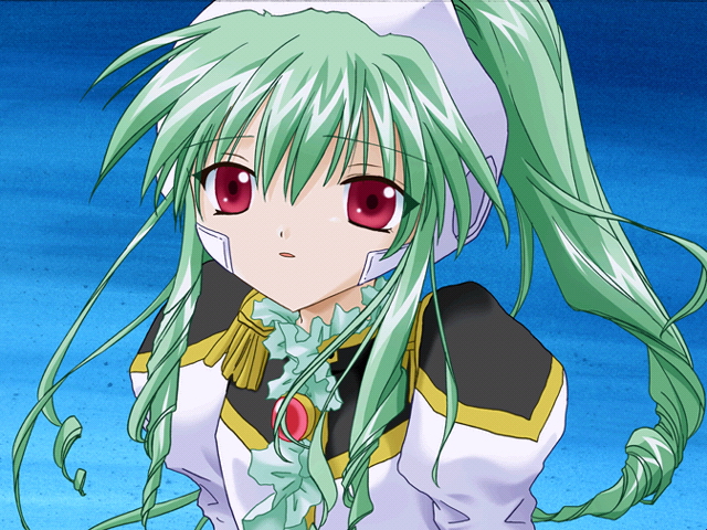 vanilla h, galaxy angel, game cg, tagme, 00s, 1girl, female focus, green hair, high ponytail, long hair, looking at viewer, ponytail, red eyes, solo