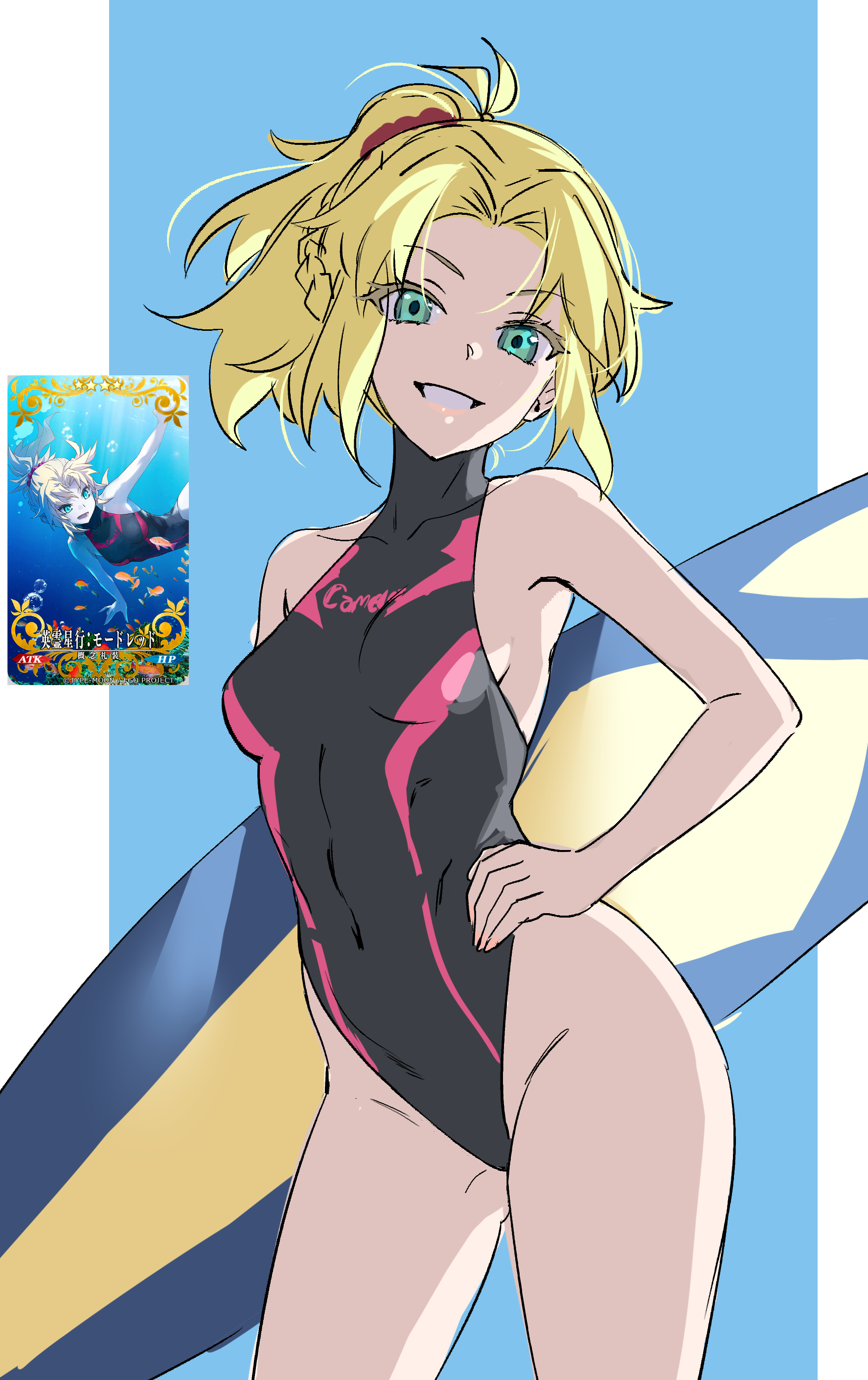 das (dan dan), mordred (fate), fate/grand order, fate (series), absurdres, highres, 1girl, bare shoulders, black one-piece swimsuit, blonde hair, braid, breasts, green eyes, grin, long hair, looking at viewer, one-piece swimsuit, parted bangs, ponytail, short hair, sidelocks, small breasts, smile, solo, surfboard, swimsuit, thighs