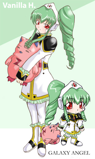normad, vanilla h, broccoli (company), galaxy angel, tagme, 00s, 1girl, character name, chibi, copyright name, green background, green hair, long hair, red eyes, simple background