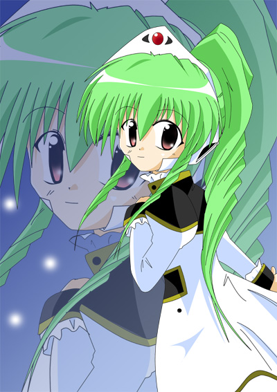 vanilla h, galaxy angel, tagme, 00s, 1girl, female focus, green hair, high ponytail, long hair, looking at viewer, looking back, ponytail, red eyes, simple background, solo, zoom layer