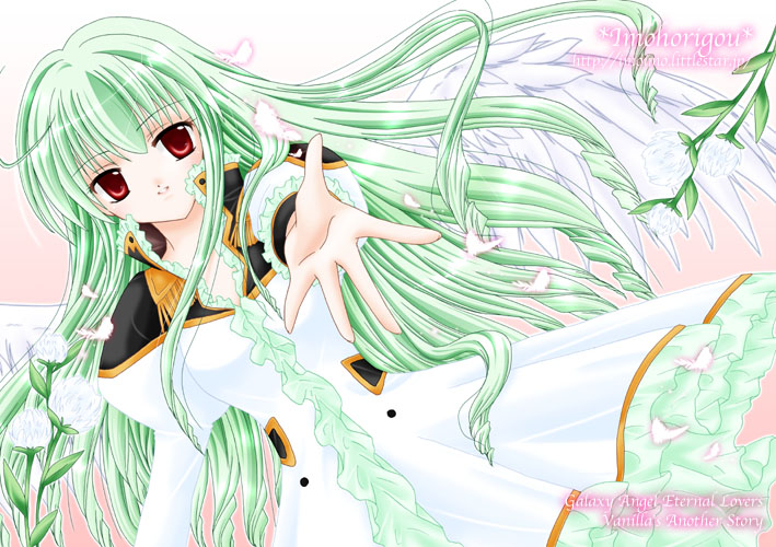 yufuji saeka, vanilla h, galaxy angel, 00s, 1girl, artist name, character name, copyright name, dutch angle, female focus, flower, green hair, long hair, looking at viewer, outstretched arm, red eyes, smile, solo, watermark, web address