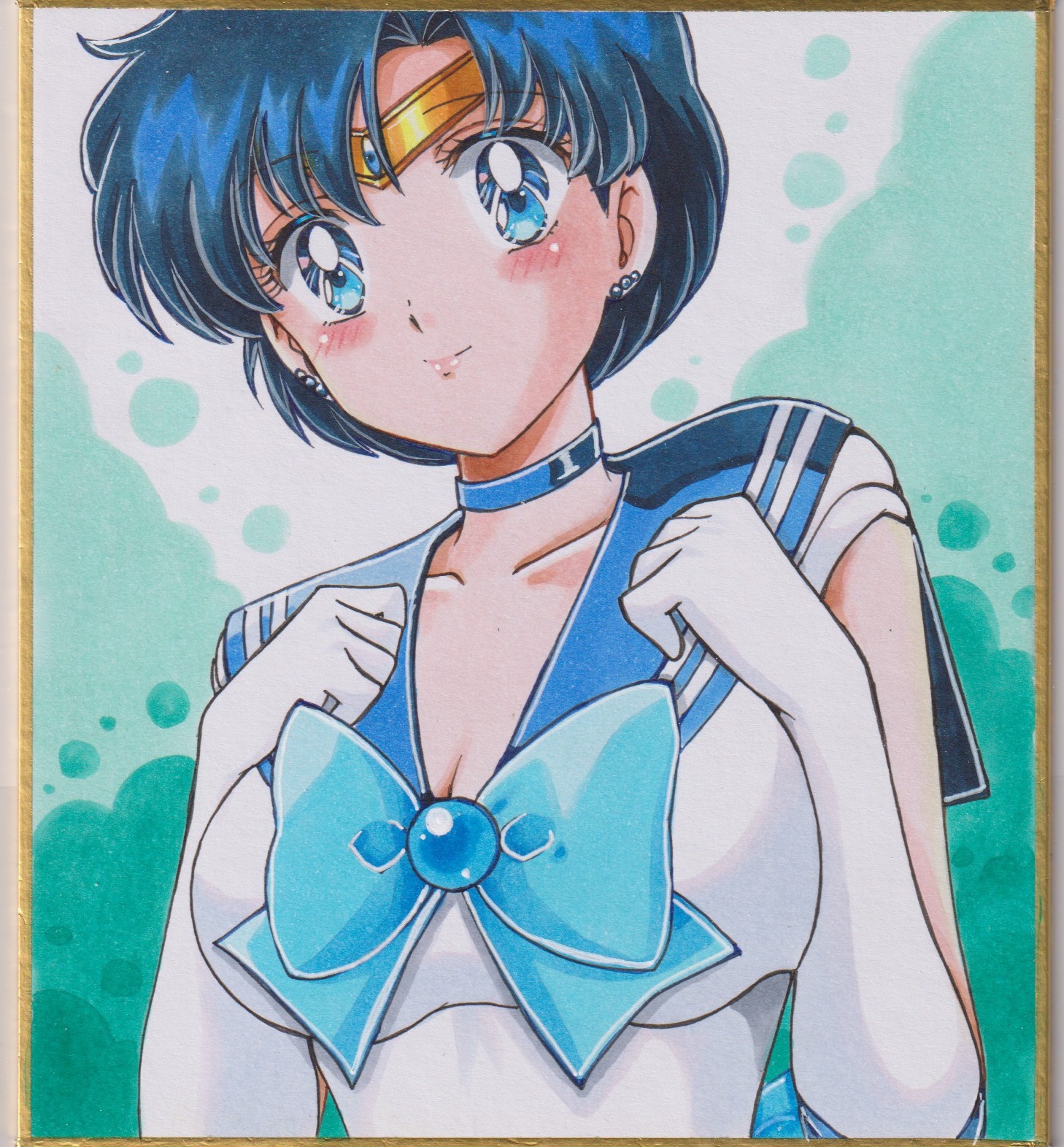 chikoto (kztc4472), mizuno ami, sailor mercury, bishoujo senshi sailor moon, commentary, highres, traditional media, 1girl, blue bow, blue bowtie, blue choker, blue eyes, blue hair, blue sailor collar, blush, bow, bowtie, breasts, choker, circlet, cleavage, closed mouth, elbow gloves, gloves, green background, hands up, large breasts, looking at viewer, parted bangs, sailor collar, sailor senshi uniform, shirt, short hair, sleeveless, sleeveless shirt, smile, solo, upper body, white gloves, white shirt