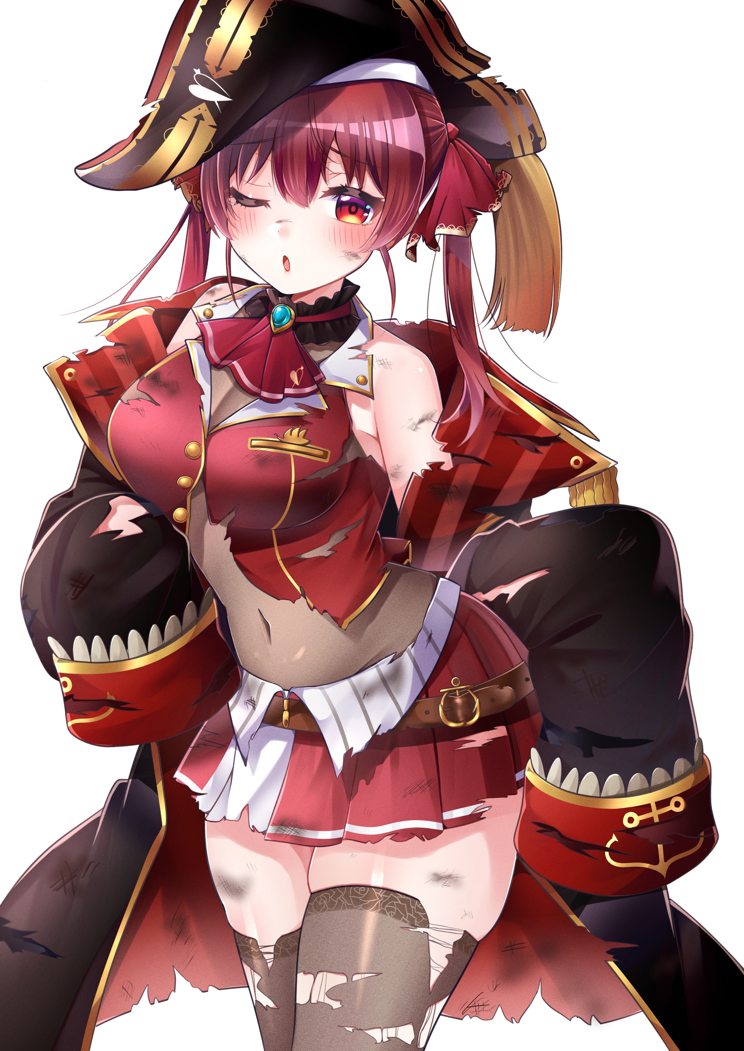 inairego116, houshou marine, houshou marine (1st costume), hololive, absurdres, highres, 1girl, arrow through heart, ascot, belt, bicorne, black hat, black jacket, blue brooch, blush, breasts, brown belt, buttons, hair ribbon, hat, jacket, leotard, navel, open clothes, open jacket, red ascot, red eyes, red hair, red ribbon, red skirt, ribbon, see-through cleavage, see-through clothes, see-through leotard, skirt, sleeves past fingers, sleeves past wrists, solo, thighhighs, torn clothes, torn sleeves, torn thighhighs, virtual youtuber, white background