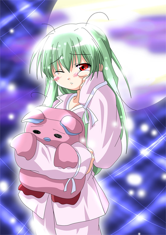 normad, vanilla h, broccoli (company), galaxy angel, 00s, 1girl, blush, female focus, green hair, long hair, looking at viewer, one eye closed, pajamas, red eyes, sleepy, solo, stuffed animal, stuffed toy